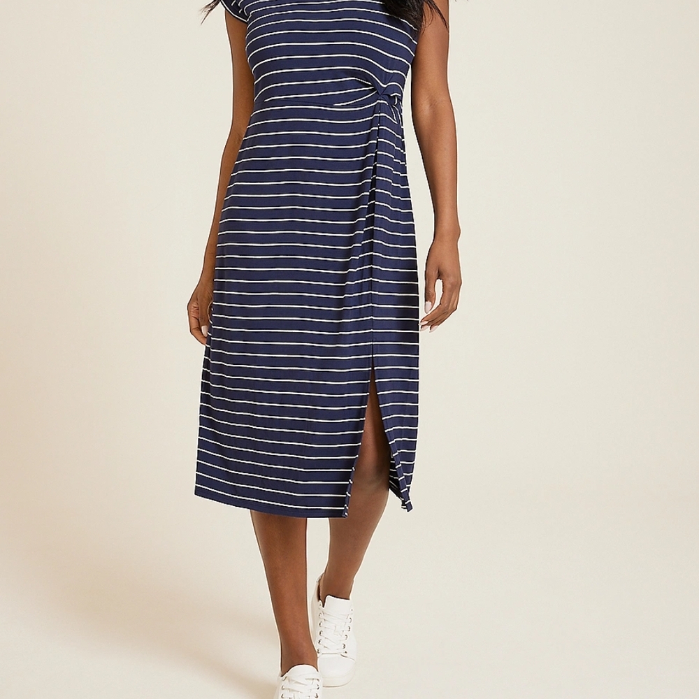 Maurices 24/7 Blue and White Stripe Midi Dress Sleeveless Crew Neck Sz 1X